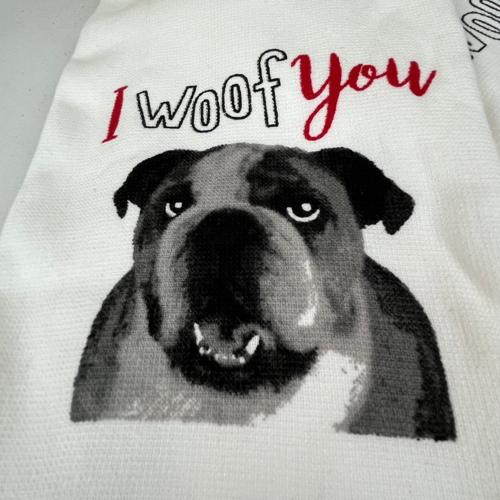 CASABA I Woof You Kitchen Towel Set 2 English Bulldog Dog Embroidered Cotton